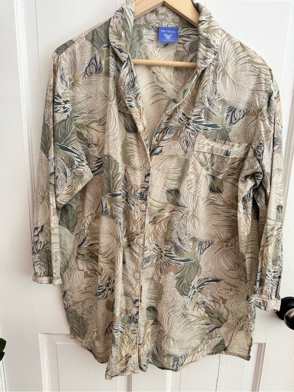 Women’s PINE CONE HILL Cotton Button-Up Sleepwear Top Earth Tone Colors Large